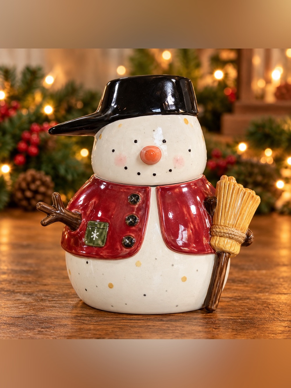 Snowman Cookie Jar Ceramic 10” Christmas Broom Red Coat Black Hat Lid